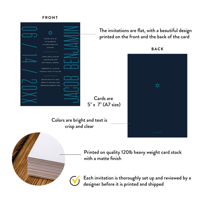 Modern Bar Mitzvah Invitation Navy Blue Teal Bold Design