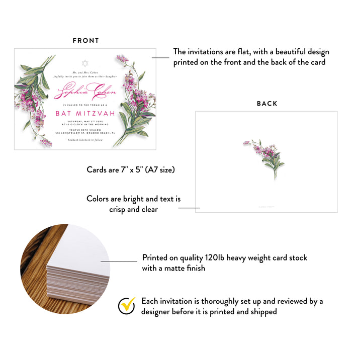 Floral Bat Mitzvah Invitation Elegant Botanical Jewish Party Card