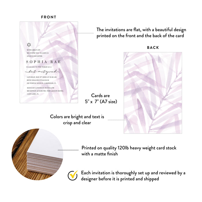 Lavender Bat Mitzvah Invitation Elegant Jewish Celebration Card