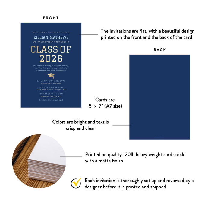 Class of 2026 Graduation Invitation Navy Blue Modern Grad Party Invite
