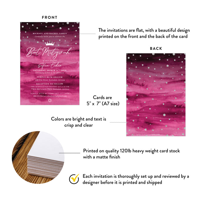 Princess Bat Mitzvah Invitation Pink Crown Diamond Design