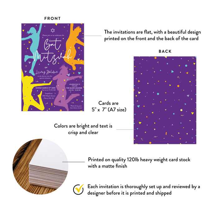 Colorful Dance Theme Bat Mitzvah Invitation Party Card