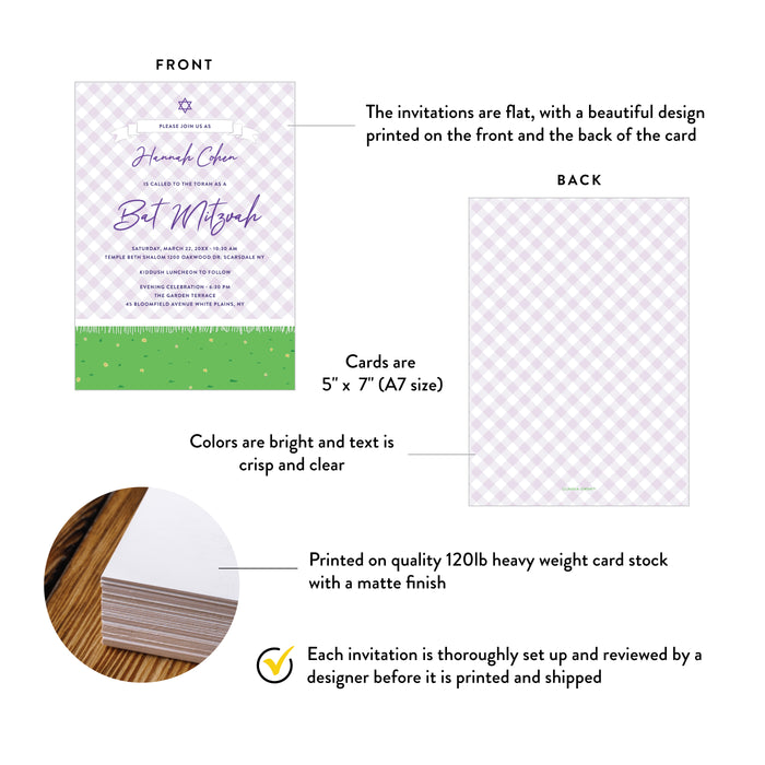 Bat Mitzvah Invitation Purple Gingham Plaid Garden Party Invite