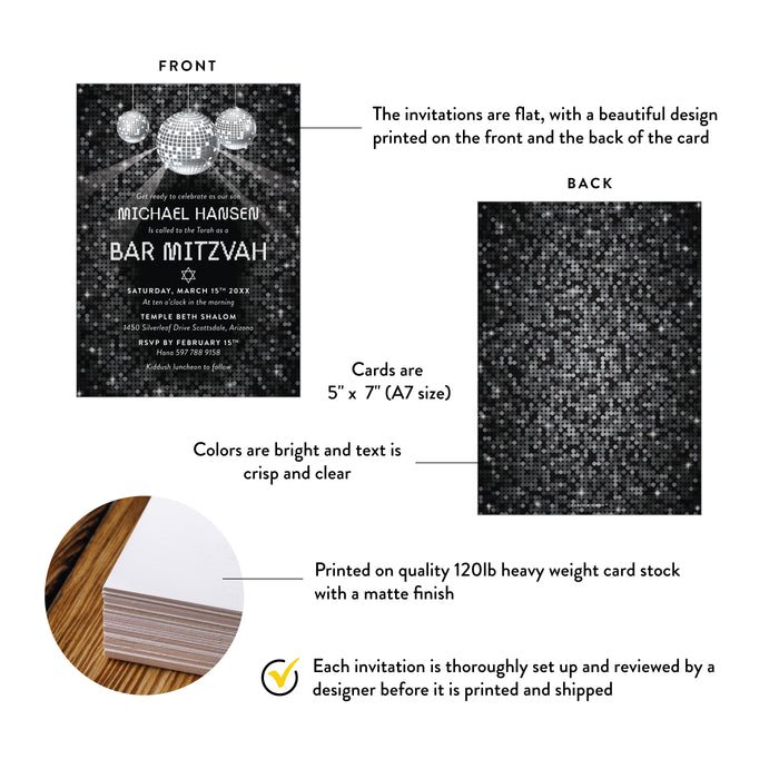 Modern Disco Ball Bar Mitzvah Invitation Black Silver Party Invite