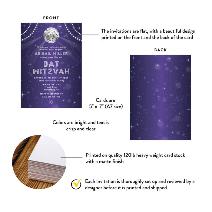 Purple Disco Ball Bat Mitzvah Invitation Starry Party Invite