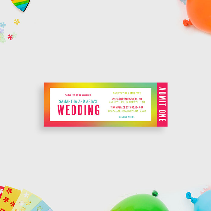 Wedding Ticket Invitation Card with Colorful Gradient, Couples Shower Party Ticket Pass, Pride Party Ticket Invitation