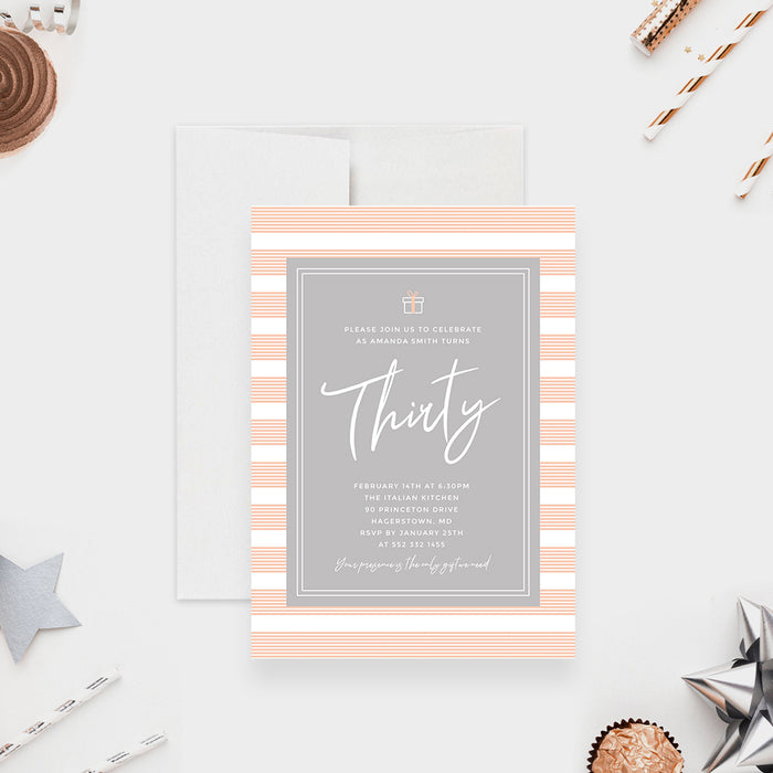 Thirty Birthday Party Invitation Card in Peach and White, Modern Invites for 30th 40th 50th 60th 70th 80th 90th Birthday Celebration