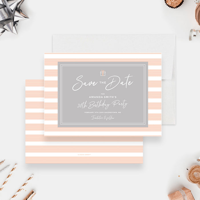 Thirty Birthday Party Invitation Card in Peach and White, Modern Invites for 30th 40th 50th 60th 70th 80th 90th Birthday Celebration