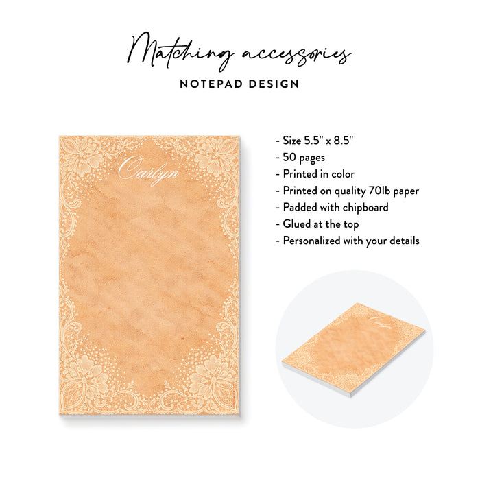 Vintage Peach Lace Personalized Wedding Notepad