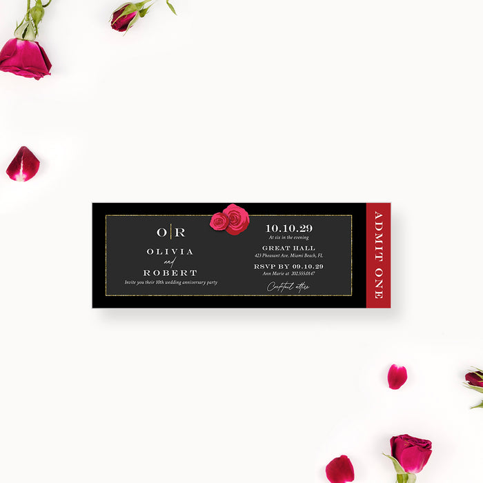 Classic Red Rose Ticket Invitation for Wedding Anniversary Party, 5th 10th 15th 20th 25th Wedding Anniversary Ticket, Elegant Ticket Invites for Wedding Dinner Party