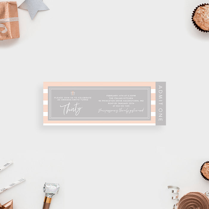 Thirty Birthday Party Ticket Invitation Card with Peach and White Stripes, Modern Invites for 40th 50th 60th 70th 80th 90th Birthday Celebration