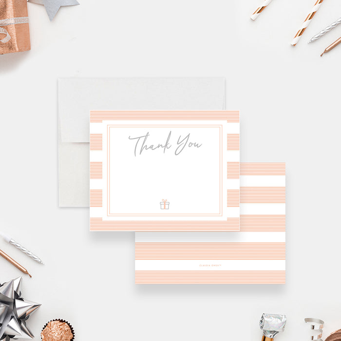 Peach Note Card with Stripes, Thank You Card for Birthday Party, Thank You Note for Party Guests