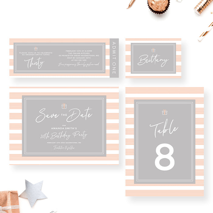 Thirty Birthday Party Invitation Card in Peach and White, Modern Invites for 30th 40th 50th 60th 70th 80th 90th Birthday Celebration