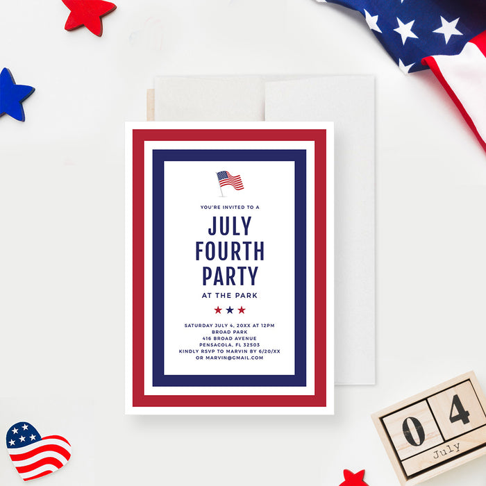 July Fourth  Party Invitation Digital Download, Freedom Celebration Invites with USA Flag