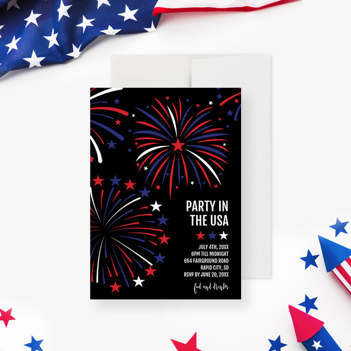 Party in the USA Invitation Digital Download, All-American 4th of July Invites with Fireworks Illustrations, Independence Day Invitations