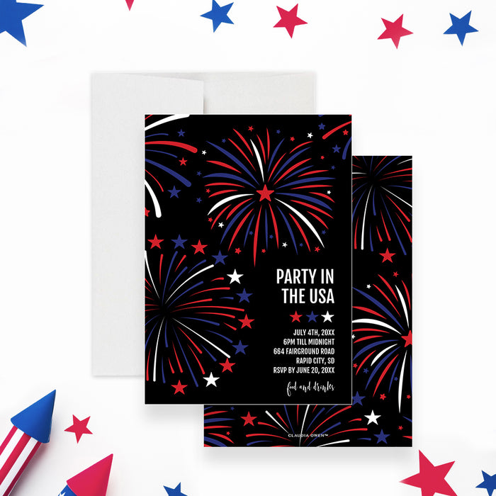 Party in the USA Invitation Digital Download, All-American 4th of July Invites with Fireworks Illustrations, Independence Day Invitations