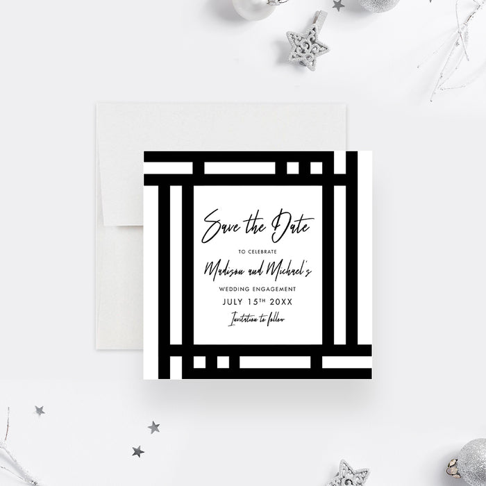 Black and White Geometric Save the Date Card for Wedding Engagement Party, Monochrome Save the Date for Engagement Dinner Celebration