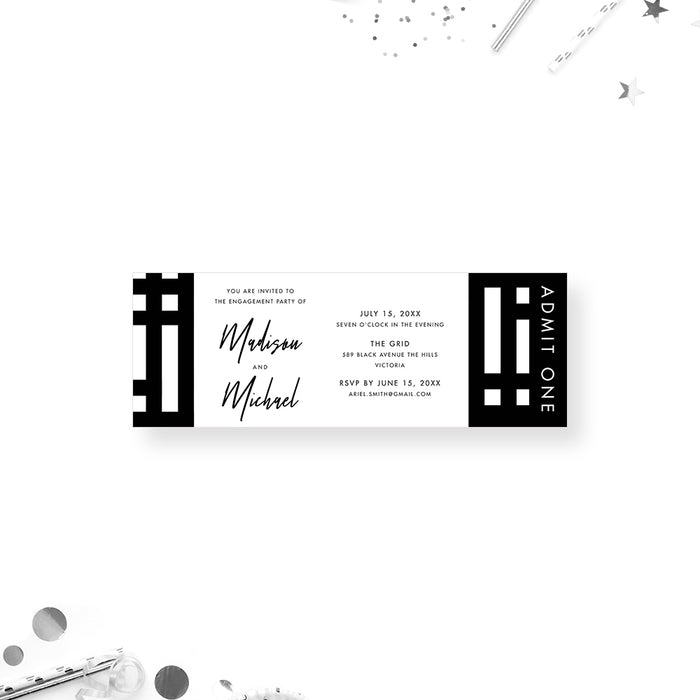 Black and White Geometric Ticket Invitation Card for Wedding Engagement Party, Monochrome Ticket for Engagement Dinner Party, Modern Engagement Party Tickets