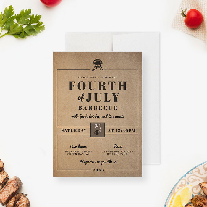 Fourth of July BBQ Party Invitation Digital Download with Brown Paper Rustic Feel, Barbecue Party Template