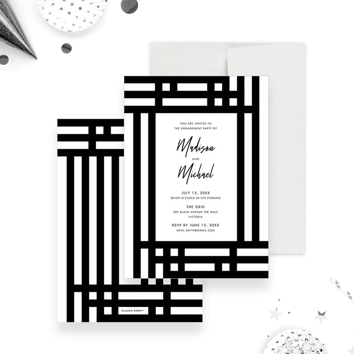 Black and White Geometric Invitation Card for Engagement Party, Minimalist Couples Shower Invites, Wedding Engagement Dinner Invitation