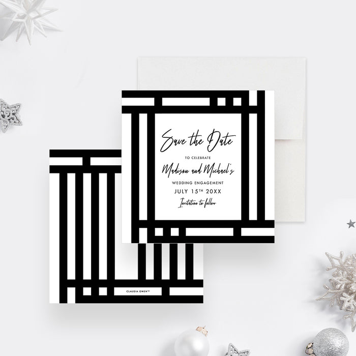 Black and White Geometric Save the Date Card for Wedding Engagement Party, Monochrome Save the Date for Engagement Dinner Celebration