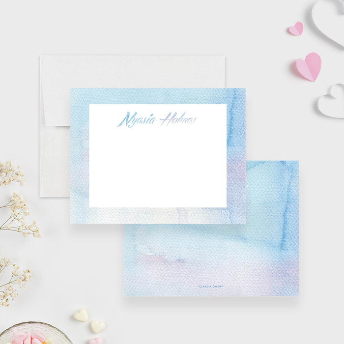 Blue Watercolor Note Card for Women, Girls Stationery Set, Valentines Day Thank You Card, Personalized Correspondence Card for Ladies, Custom Gift for Her