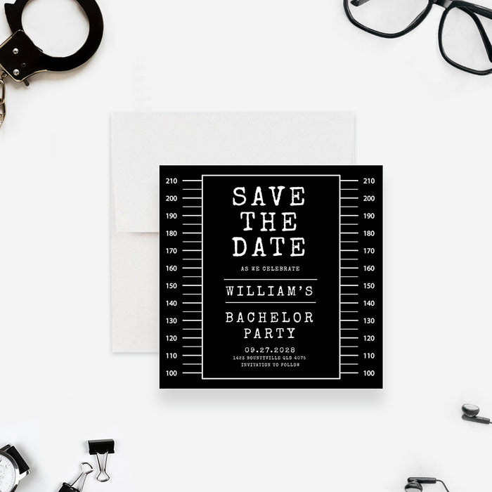 Mugshot Save the Date Card for Bachelor Party, Save the Date for Stag Party with Police Lineup Wall Design, Save the Date for Wild Birthday Celebration