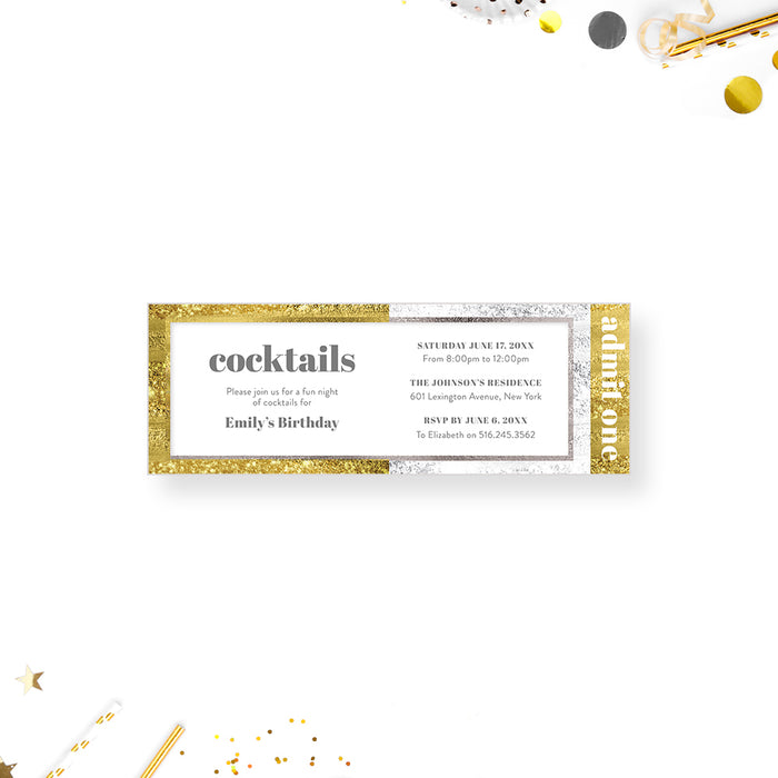 Silver and Gold Ticket Card for Birthday Cocktail Party, Elegant Tickets for Business Event