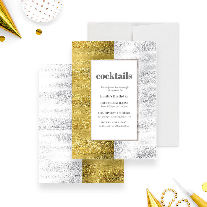 Silver and Gold Invitation Card for Birthday Cocktail Party, Elegant Invitation for Business Event