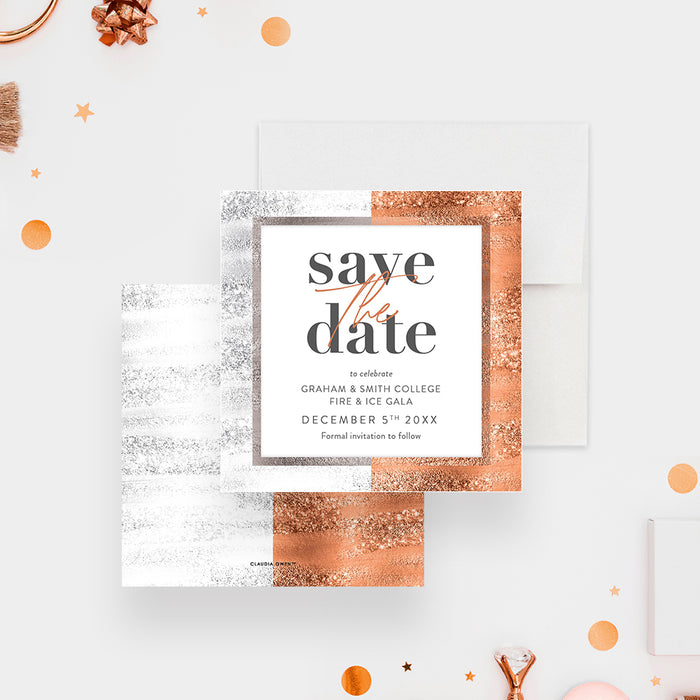 Silver and Copper Save the Date Card for Gala Night Party, Fire and Ice Themed Business Party Save the Dates, Professional Event Save the Date