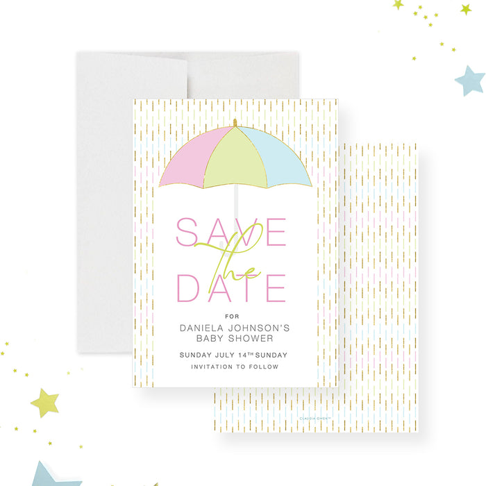 Baby Shower Save the Date Card with Cute Umbrella, Rainy Day Birthday Save the Date Card in Pastel Colors