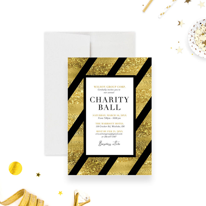 Black and Gold Stripe Invitation Card for Charity Ball Event, Fundraiser Dinner Invites, Elegant Invitation for Annual Business Nonprofit Gala Celebration