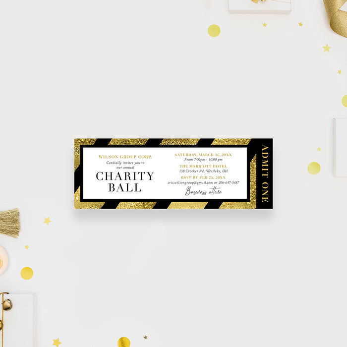 Black and Gold Ticket Invitation for Charity Ball Event, Fundraiser Dinner Ticket Invites, Nonprofit Gala Celebration, Annual Business Party Tickets