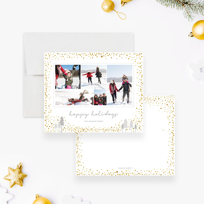 Holiday Greeting Photo Note Card in White and Gold, Family Collage Christmas Picture Card, Holiday Card with 5 Photos