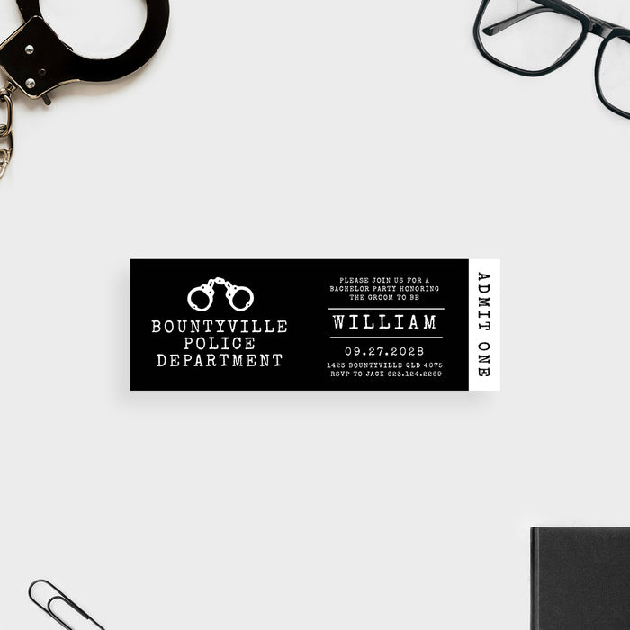 Funny Ticket Invitation for Bachelor Party with Handcuffs, Monochrome Ticket Invites for Stag Party, Black and White Invitation for Gag Birthday Party