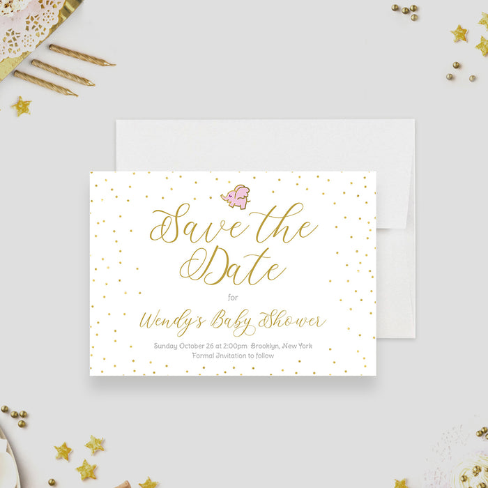 Save the Date for Baby Shower with Golden Dots and Pink Elephant, Cute Save the Date for Kids Birthday Party