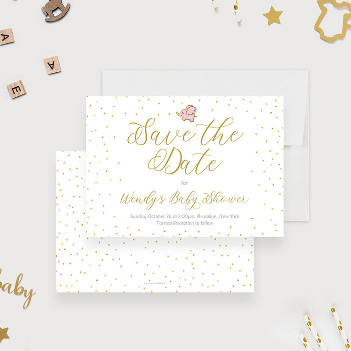 Save the Date for Baby Shower with Golden Dots and Pink Elephant, Cute Save the Date for Kids Birthday Party