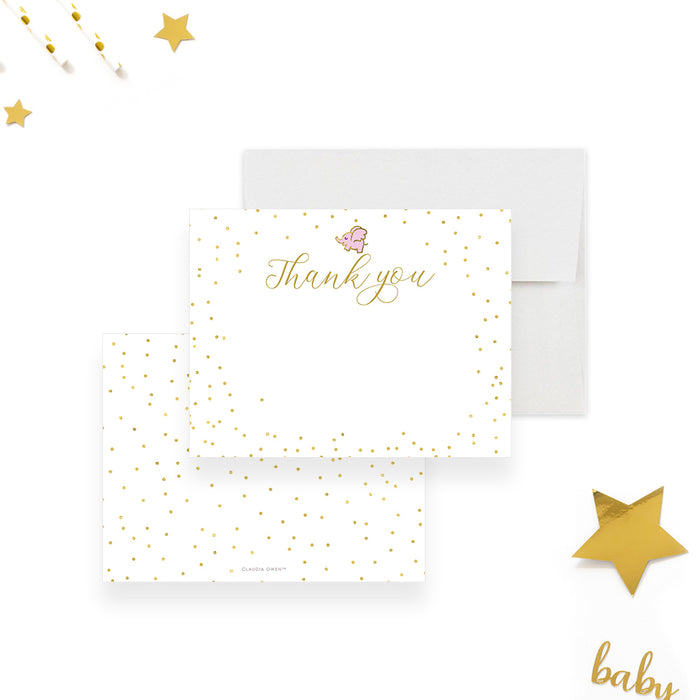 Note Card with Golden Dots and Pink Elephant, Thank You Card for Baby Shower with Envelopes, Custom Gift for Girls, Cute Stationery for Nursery