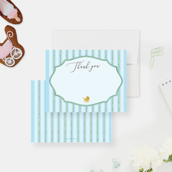 Cute Note Card with Golden Baby Stroller, Personalized Gift for Expecting Mothers, Modern Thank You Card for Baby Shower Party, Nursery Stationery