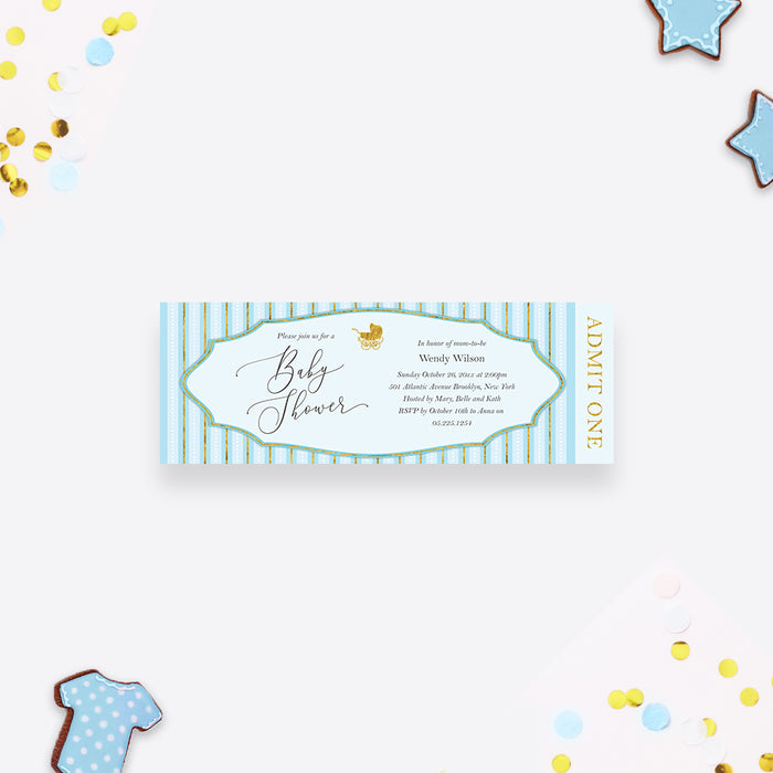 Cute Baby Shower Ticket Invitation Card in Blue and Gold, Baby Boy Shower Ticket Passes with Baby Carriage