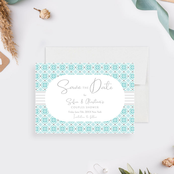 Modern Save the Date Card for Couple’s Shower with Geometric Pattern, Wedding Save the Date