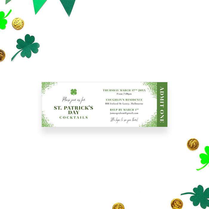 St Patrick's Day Party Ticket Invitation in Green and White, Saint Patrick's Day Cocktail Party Ticket Invites, Elegant Ticket for Irish Themed Events