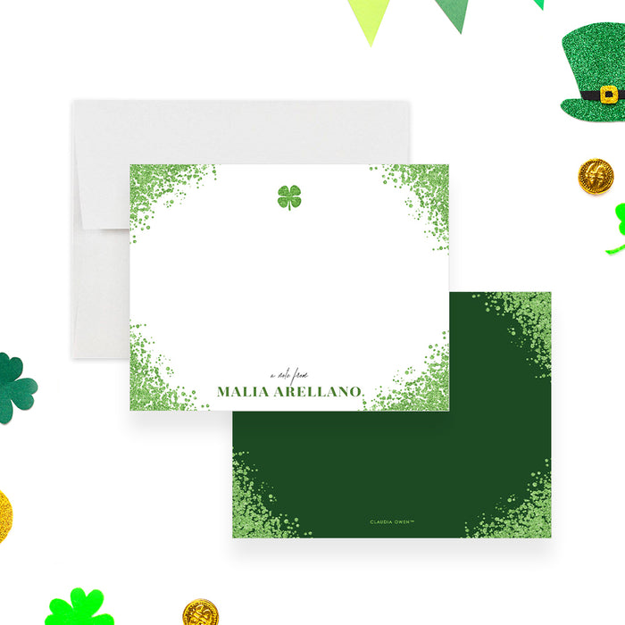 Elegant Note Card in Green and White, St Patrick's Day Thank You Cards, Four Leaf Clover Greeting Cards, Goodluck Stationery Note Cards