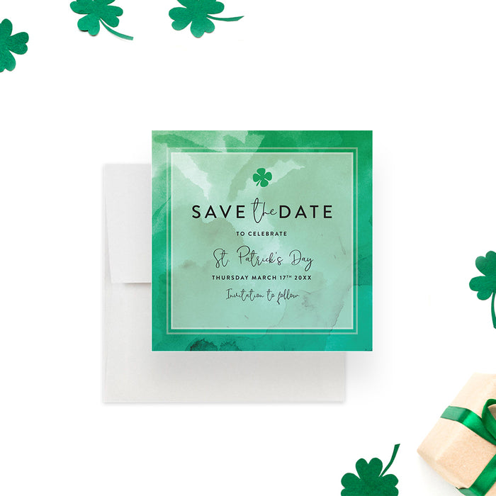Saint Patricks Day Save the Date Card with Green Watercolor Design, Family St Pattys Day Party Save the Date, Green Save the Date for Irish Dinner Celebration