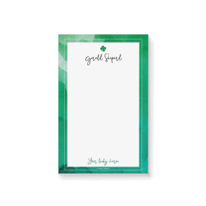 Saint Patricks Day Notepad with Green Watercolor Design, Personalized Irish Themed Stationery for the Office, Four Leaf Clover Writing Paper