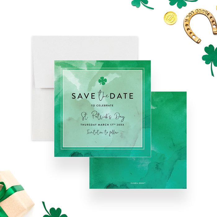 Saint Patricks Day Save the Date Card with Green Watercolor Design, Family St Pattys Day Party Save the Date, Green Save the Date for Irish Dinner Celebration