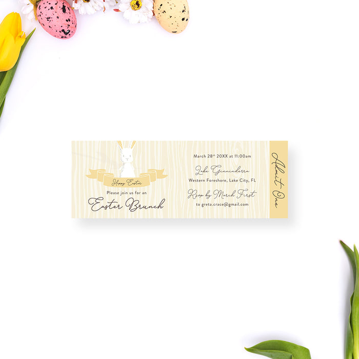 Cute Easter Brunch Party Ticket Invitation, Easter Bunny Ticket Invites, Easter Party Ticket with Adorable Easter Rabbit Illustration