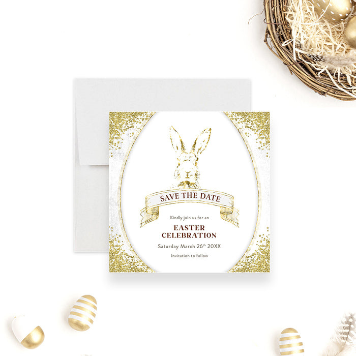 Glittery Gold Easter Party Save the Date Card, Elegant Rabbit Birthday Save the Date, Bunny Easter Party Save the Dates