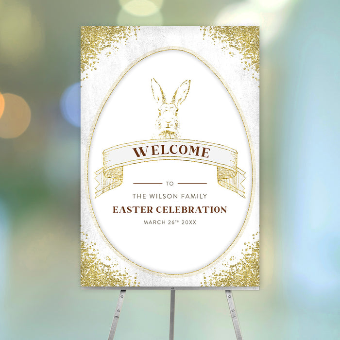 Elegant Easter Bunny Welcome Sign with a Gold Glitter Effect, Easter Celebration Sign, Rabbit-Themed Party Signage