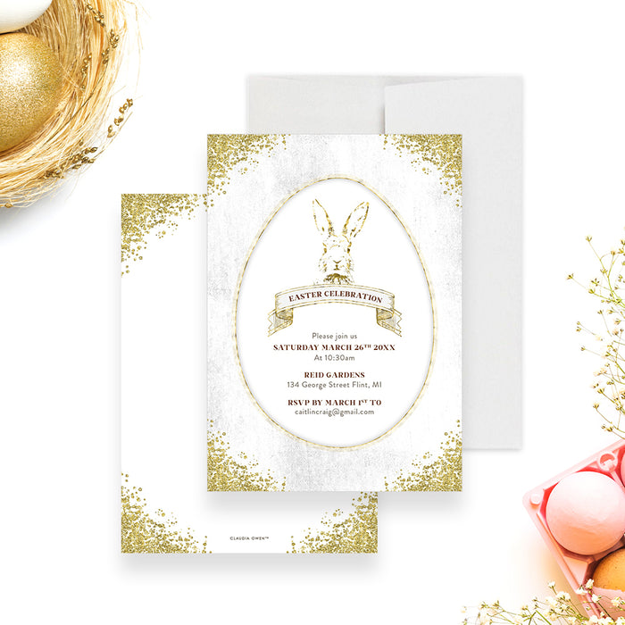 Glittery Gold Easter Party Invitation, Elegant Invites for Easter Celebration, Rabbit Birthday Invitations, Bunny Themed Birthday Invitations, Bunny Party Invites
